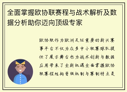 全面掌握欧协联赛程与战术解析及数据分析助你迈向顶级专家 全面掌握欧协联赛程与战术解析及数据分析助你迈向顶级专家